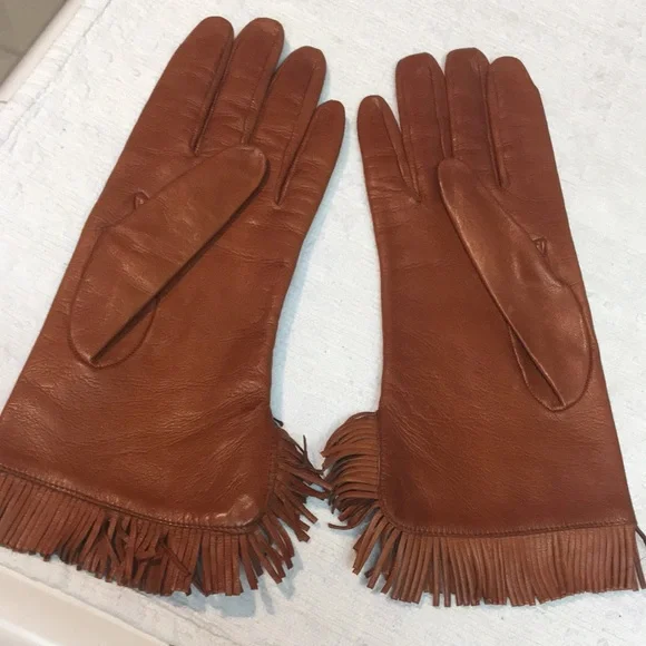 Cognac Brown Real Leather Fringe Gloves, made in Italy, sz7 - Picture 5 of 6